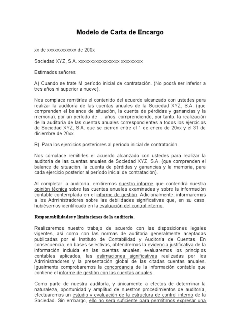 cartas de encargo Auditoría financiera Contralor