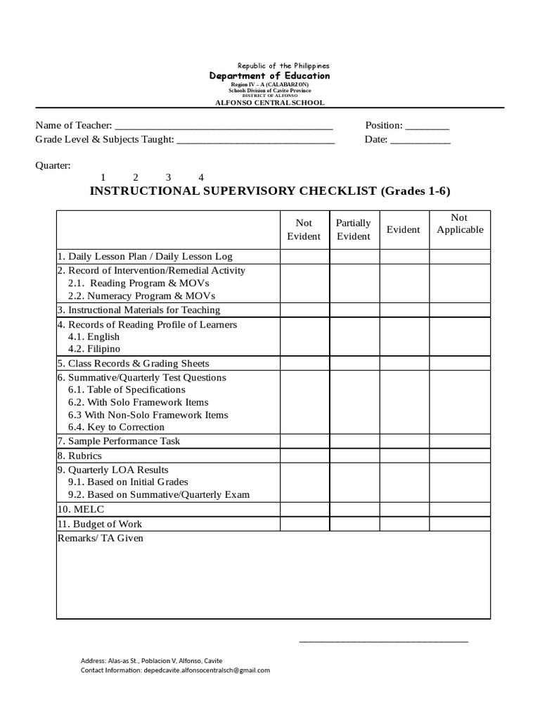 Version 2 INSTRUCTIONAL SUPERVISORY CHECKLIST Grades 1 To 6 | PDF 