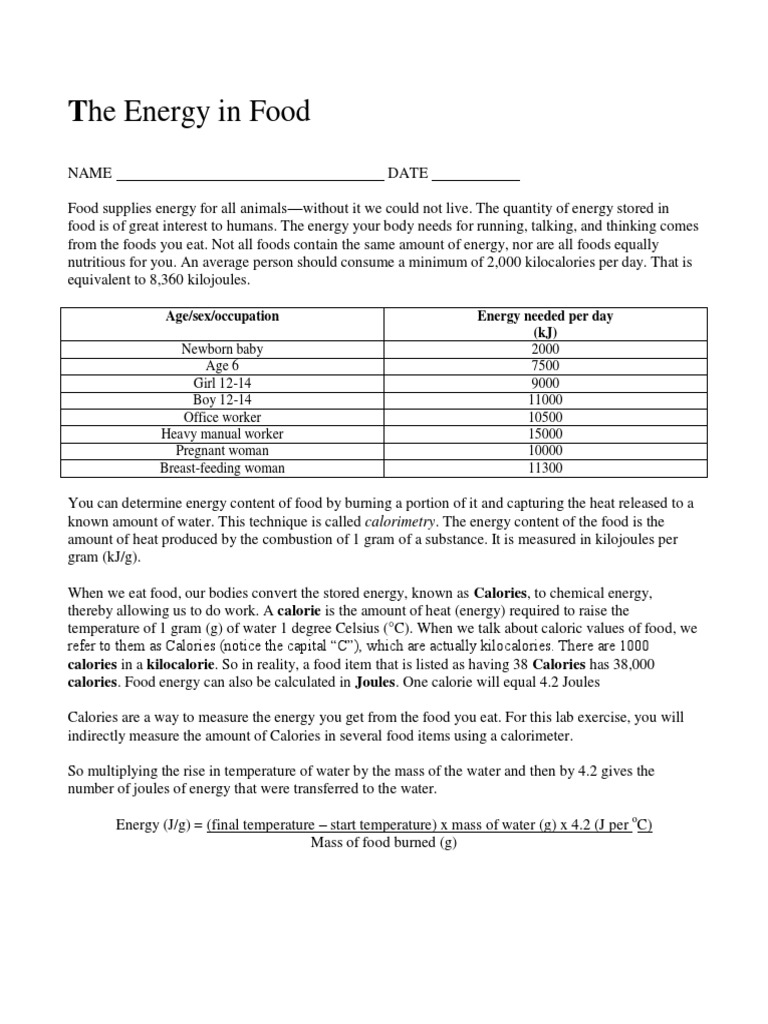 Energy in Food PDF Calorie Food Energy