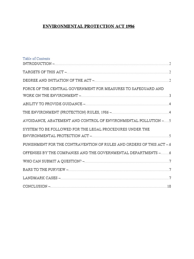 Environmental Protection Act 1986 Sara Agrawal PDF Environmental