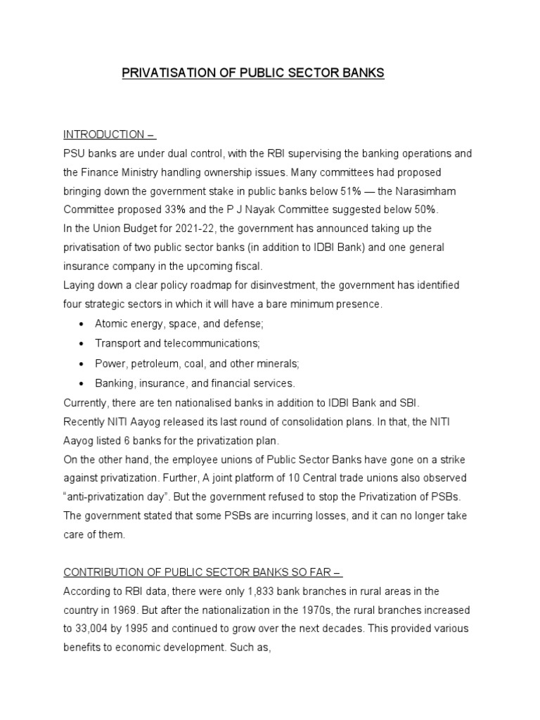 Public Sector Bank Privatization Plans | PDF | Banks | Reserve Bank Of ...