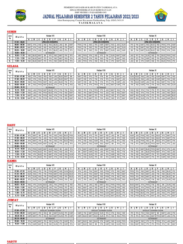 Jadwal Pelajaran Jan 2023 - Kirim | PDF