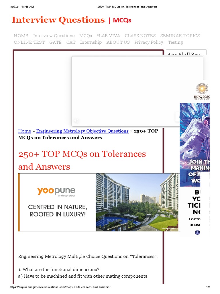 MCQs on Tolerances and Answers | PDF | Engineering Tolerance | Multiple ...