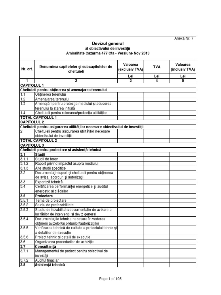 Formulare+Devize Amiralitate Cazarma 477 Cta REV200120-Fara Valori 2 | PDF