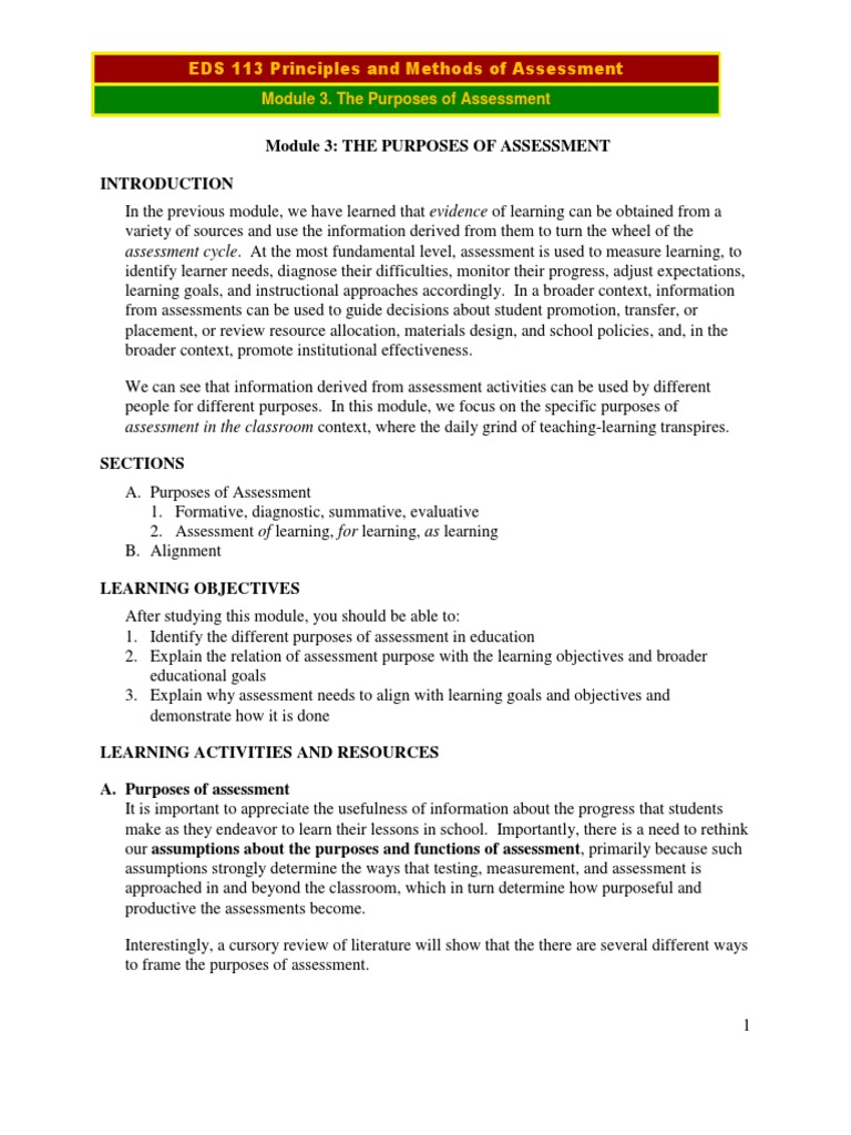 Purposes of Assessment in Education | PDF | Educational Assessment ...