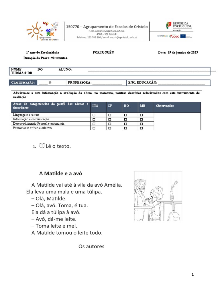 Prova de Português - 1º Ano | PDF