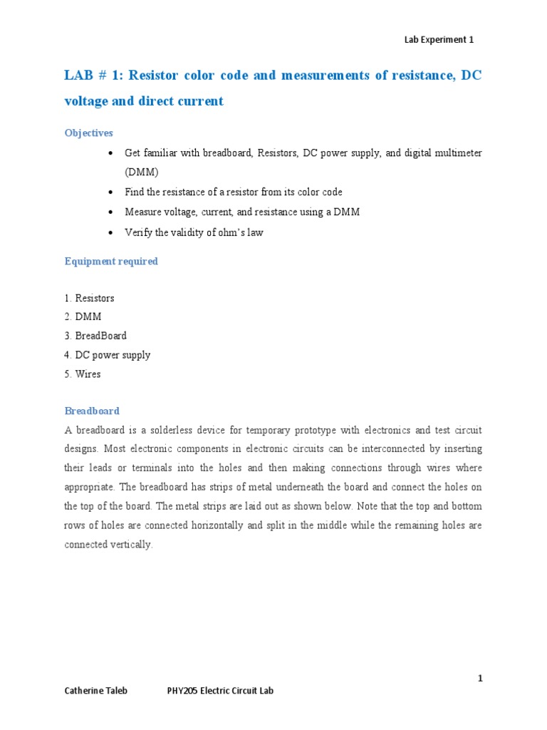 PHY205-Experiment 1 | PDF | Resistor | Voltage