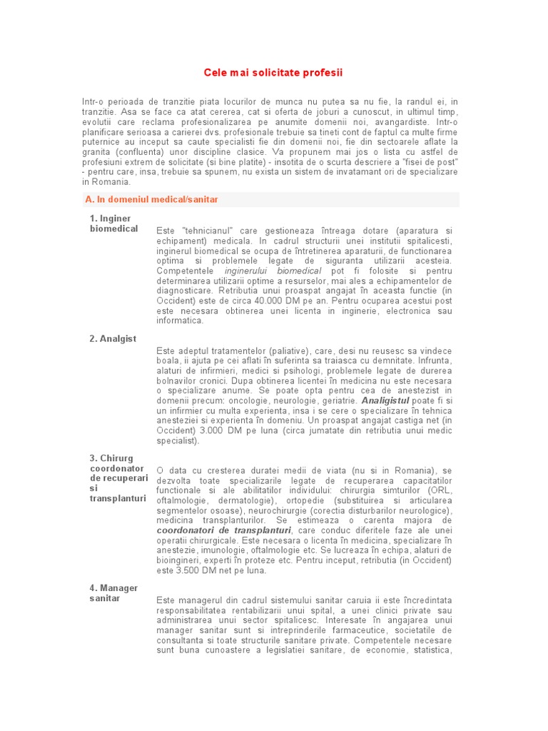 Cele Mai Solicitate Profesii | PDF