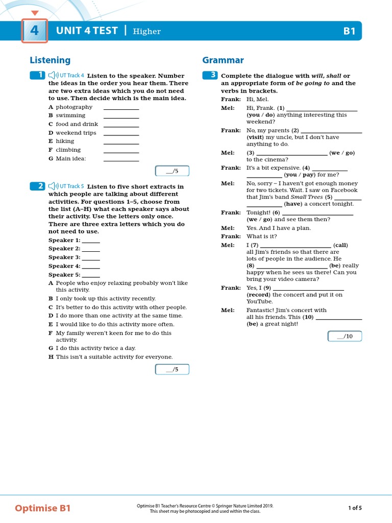 OPT B1 Unit Test 4 Higher | PDF