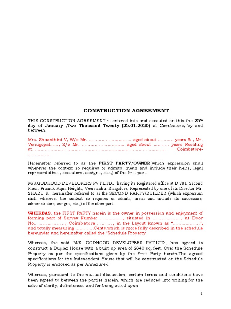 Construction Agreement for the Development of a Duplex House on Owner's ...