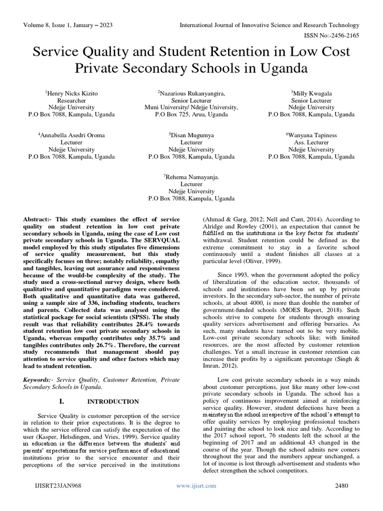 Service quality and student retention in low cost private secondary