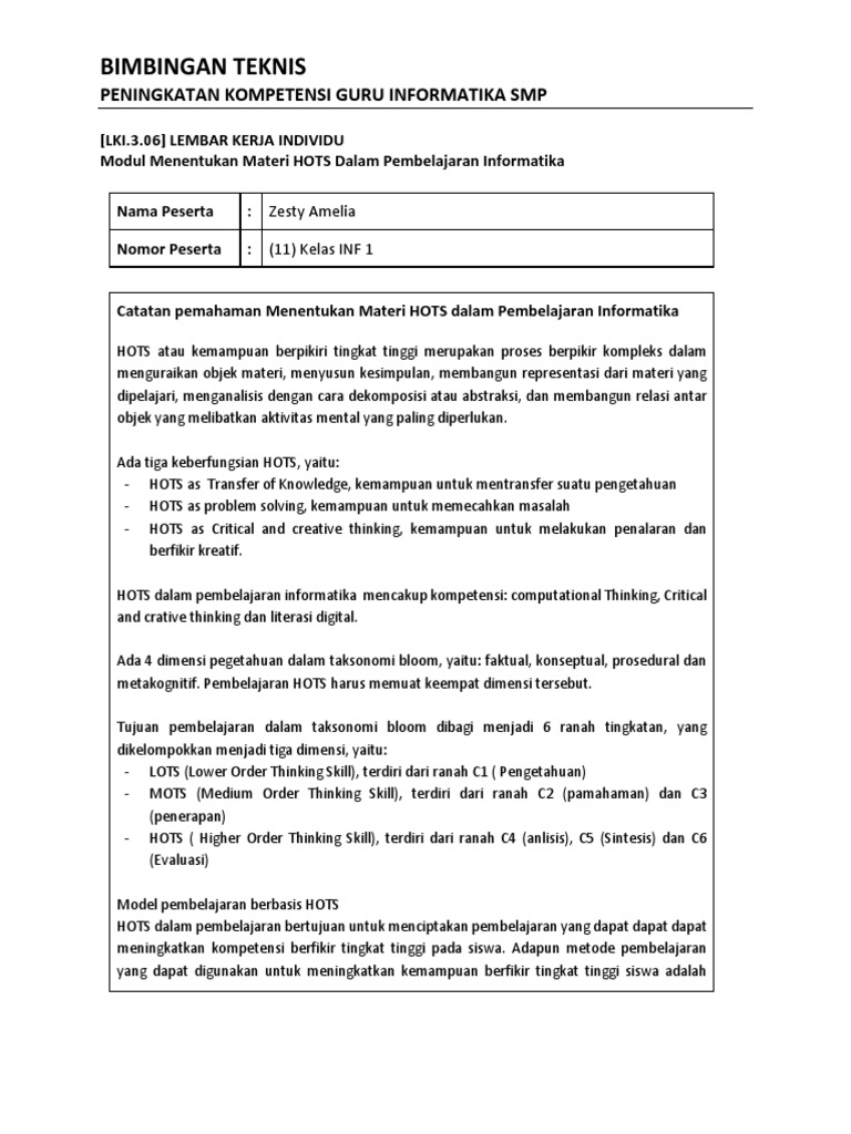 Materi HOTS dalam Pembelajaran Informatika | PDF | Pengembangan Diri