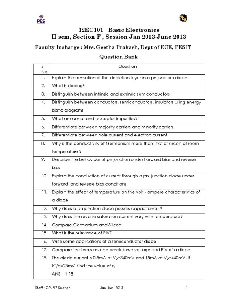 Basic Electronics Question Bank PDF