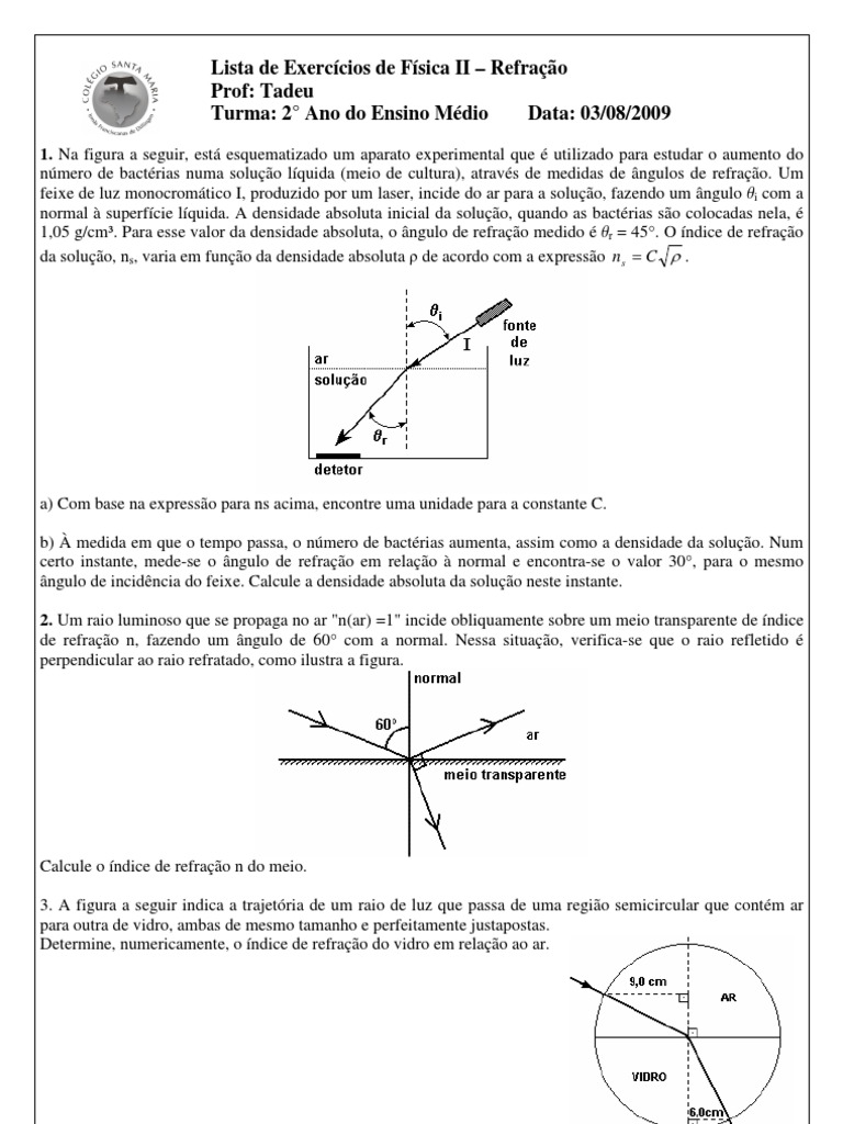 Exercicios Refração Imprimir | PDF | Refração | Luz