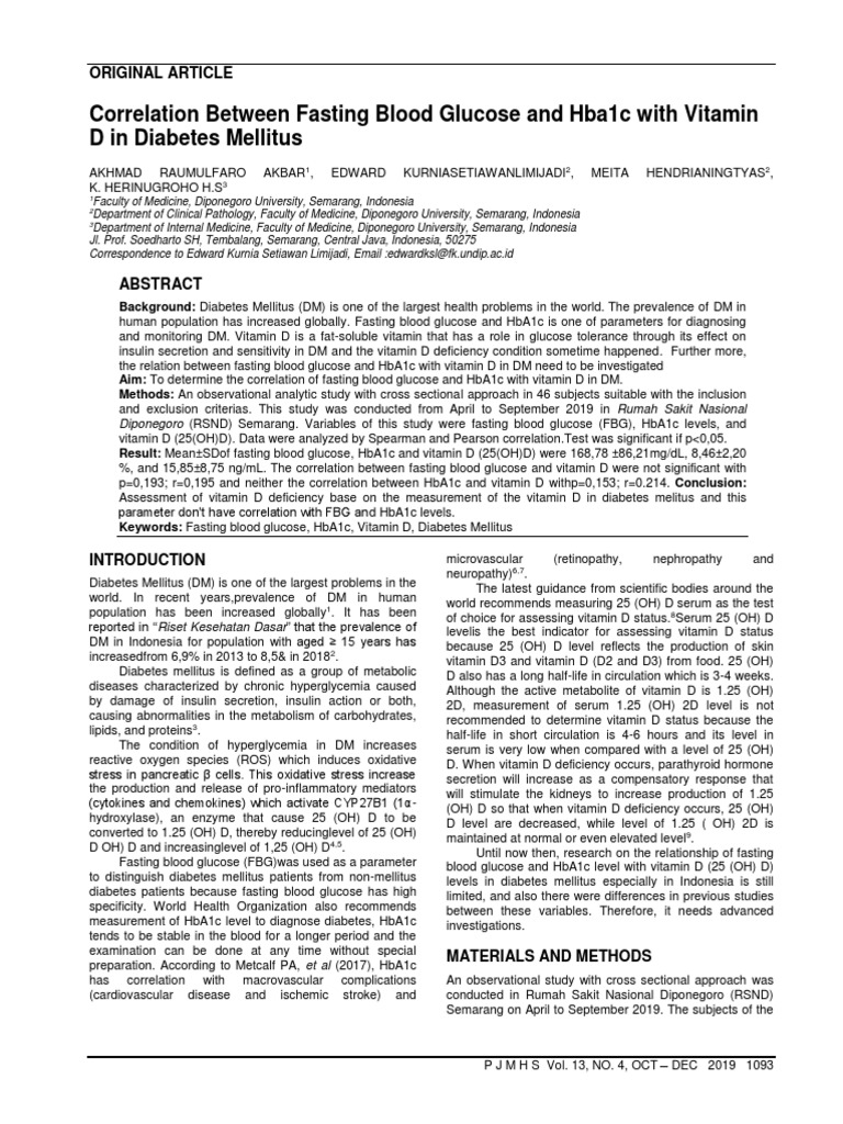 Correlation Between Fasting Blood Glucose and HbA1c Levels with Vitamin