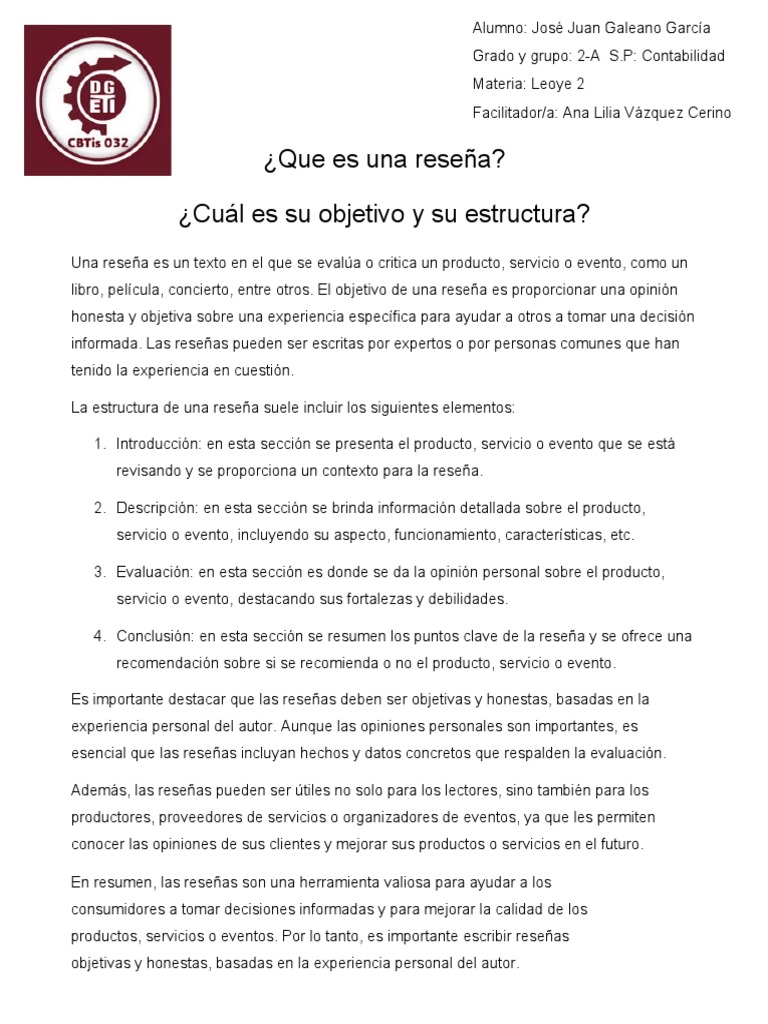 ¿Que Es Una Reseña? ¿Cuál Es Su Objetivo y Su Estructura? | PDF
