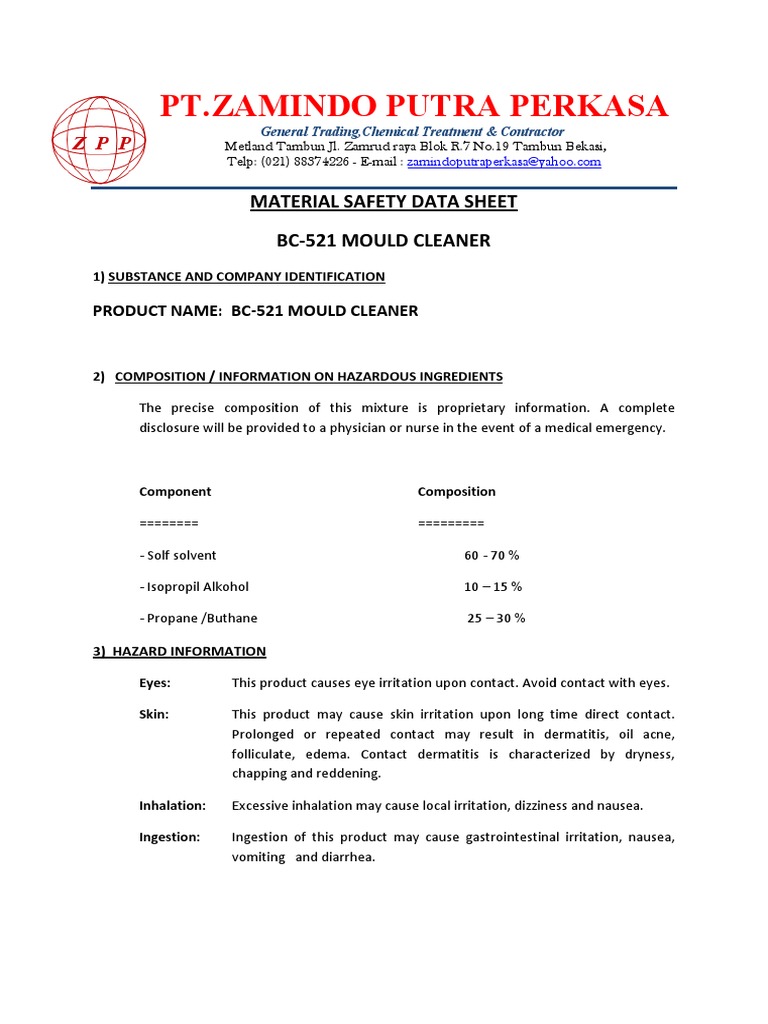 BC-521 Mould Cleaner MSDS Overview | PDF | Water | Carbon Dioxide