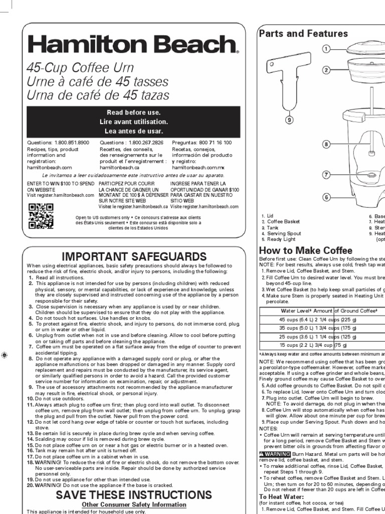Hamilton Beach 45-Cup Urn Instructions | PDF | Ac Power Plugs And Sockets |  Electrical Connector