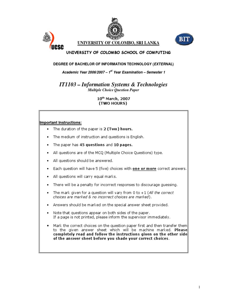 It1103 information systems technologies university of colombo