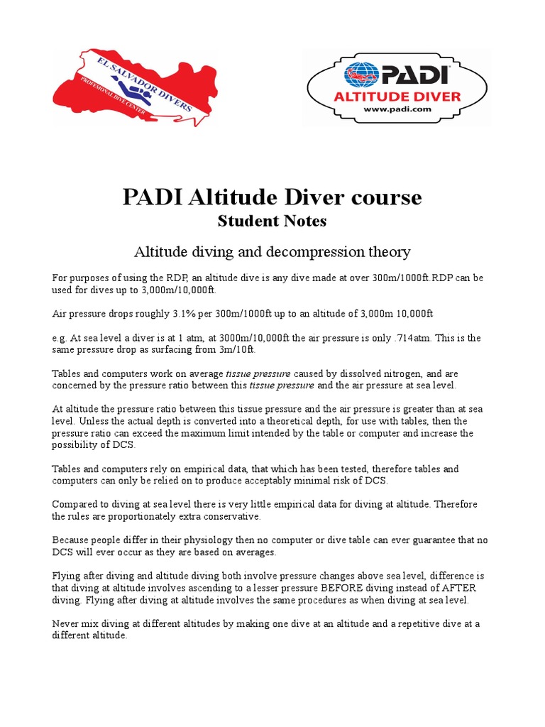 Altitude Student Notes PDF Underwater Diving Scuba Diving