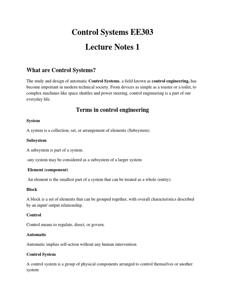 1 Control Systems Notes Pdf Control Theory Control System