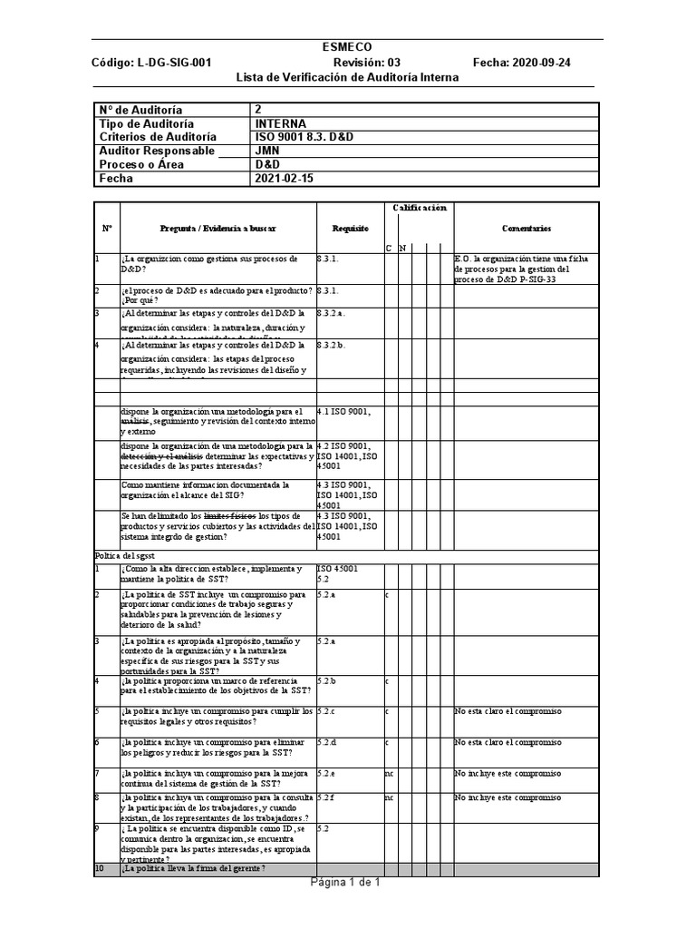 Lista Verificacion Politica Iso 45001 | PDF | Auditoría | Organización ...