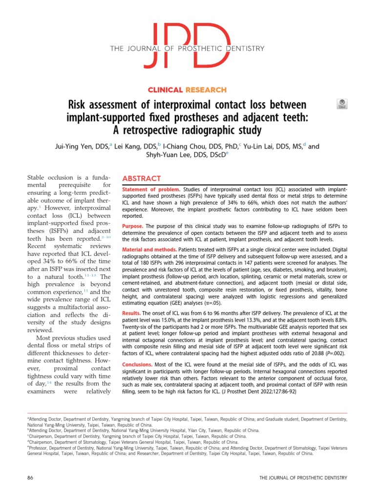 Risk Assessment of Interproximal Contact Loss Between Implant-Supported ...
