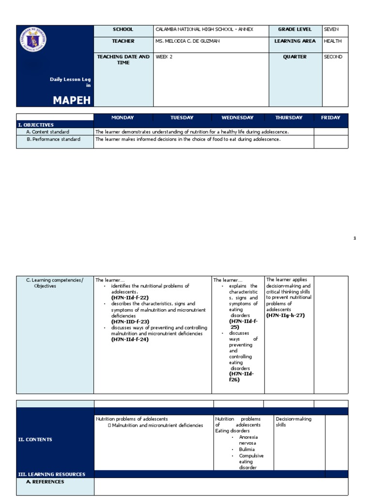 q2 Grade 7 Health DLL Week 2 | PDF | Diet (Nutrition) | Diet & Nutrition