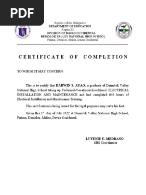 CERTIFICATE OF COMPLETION