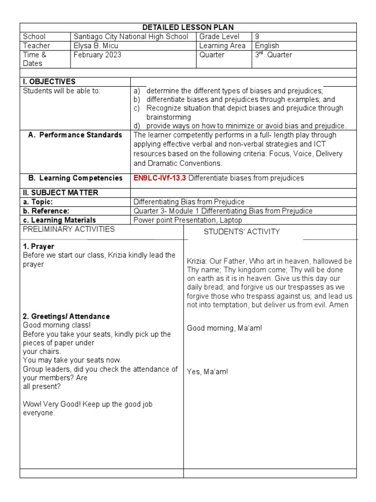 Grade 9 Bias and Prejudice Lesson Plan | PDF | Prejudices | Bias