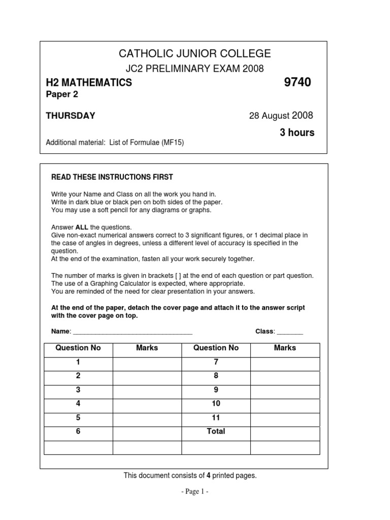 CJC - Maths 2008 JC2 H2 Prelim Paper 2 (Question) | PDF | Linear ...