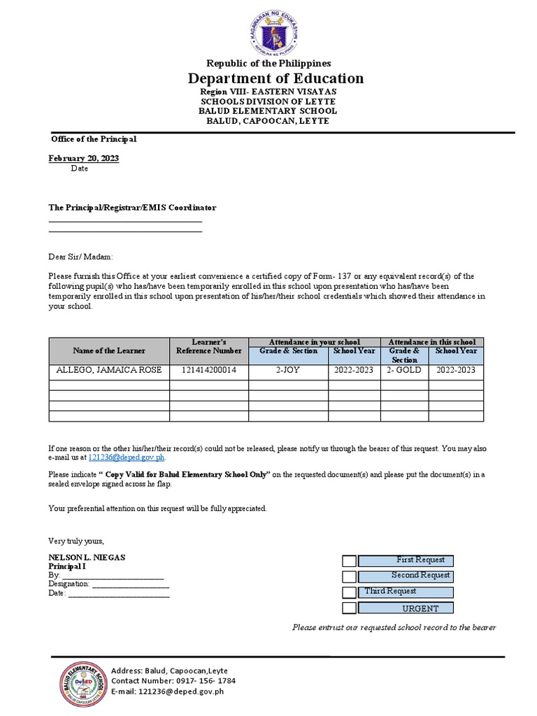 Form 137 Letter Request PDF