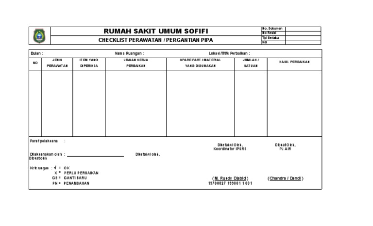 Checklist Perawatan Pipa RSU Sofifi | PDF