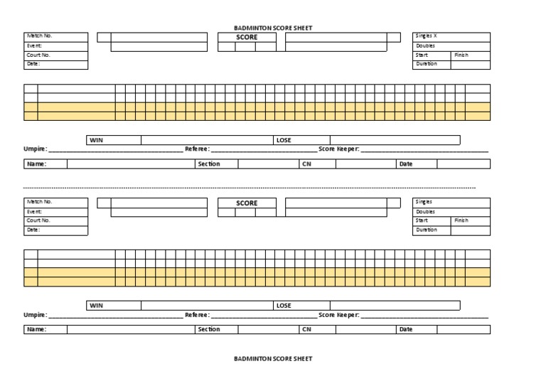 BADMINTON SCORE SHEET For Printing PDF Referee Sports