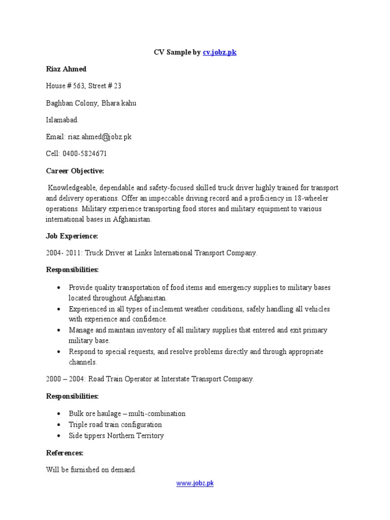 Skilled Truck Driver CV Sample | PDF