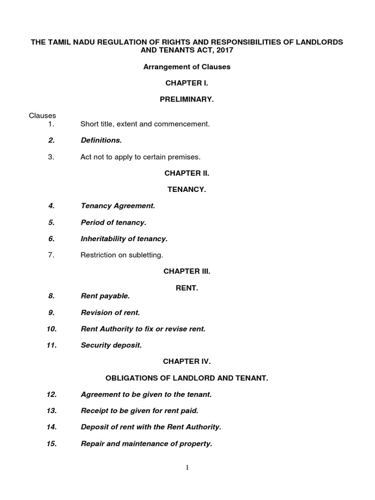 Tamil Nadu Landlord-Tenant Act 2017 | PDF | Leasehold Estate | Landlord