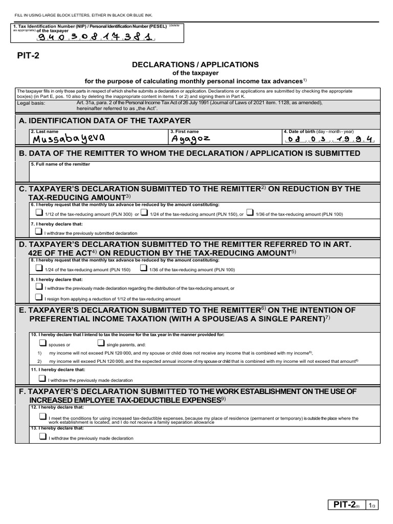 PIT 2 - 916 Nowy Wzór 2023 PDF ENG | PDF | Tax Deduction | Taxpayer