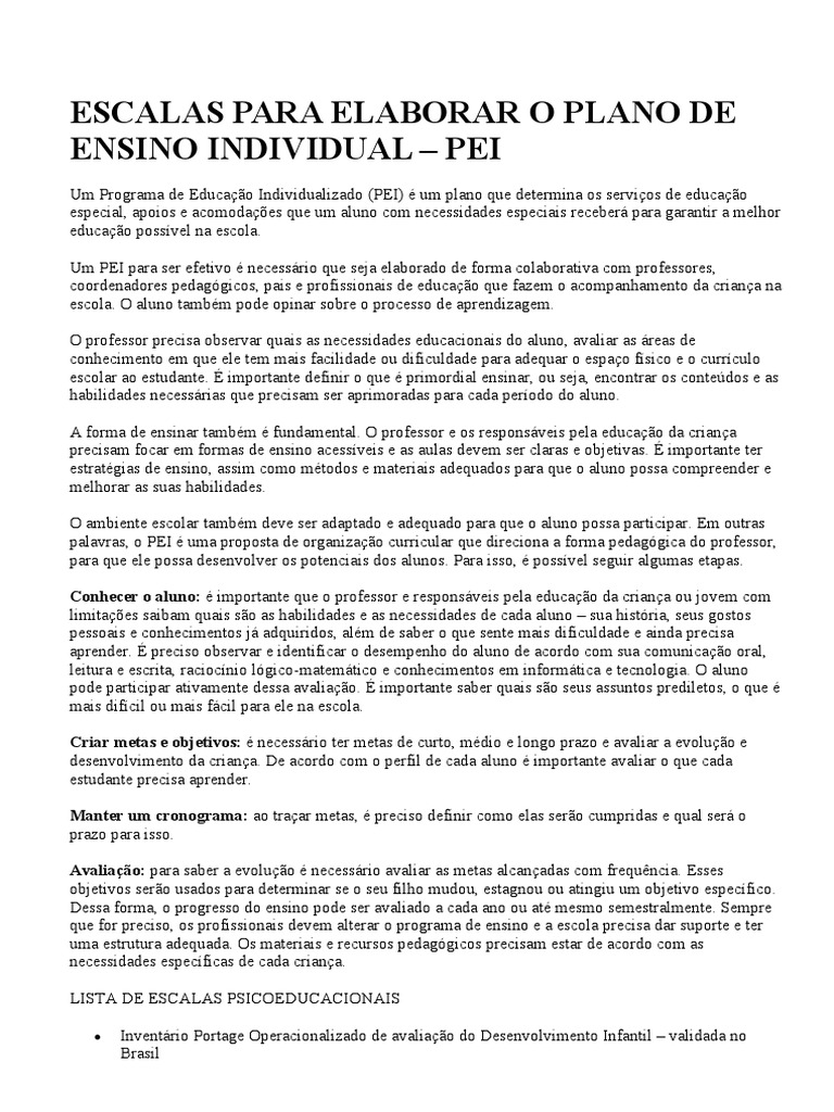 Escalas para Elaborar o Plano de Ensino Individual | PDF | Espectro do ...