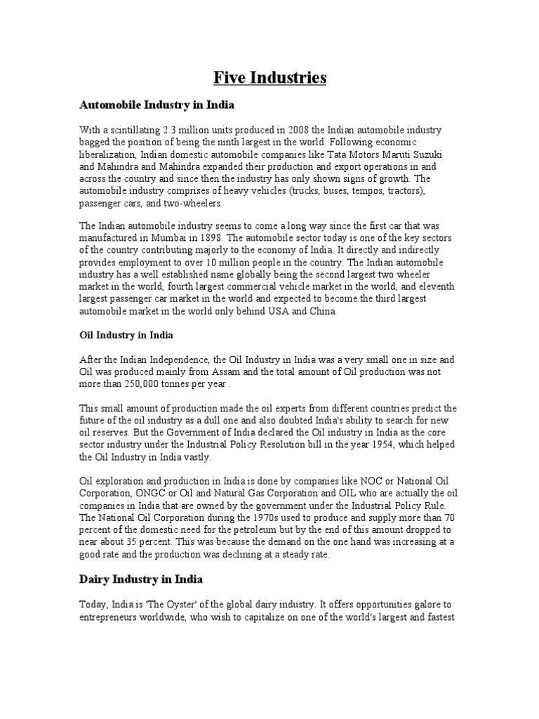 Five Industries Automobile Industry in India PDF Economy Of India