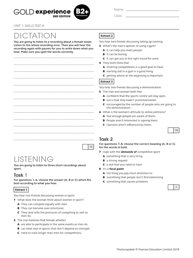 Gold Exp B2P U1 Skills Test A | PDF | Sports