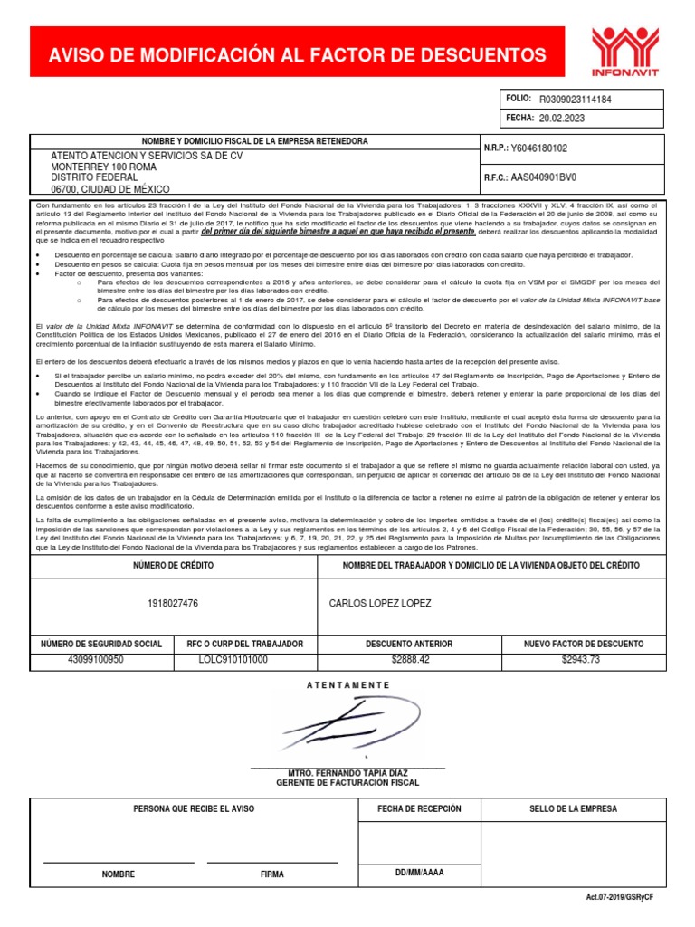 Aviso de Modificación de Descuentos INFONAVIT | PDF
