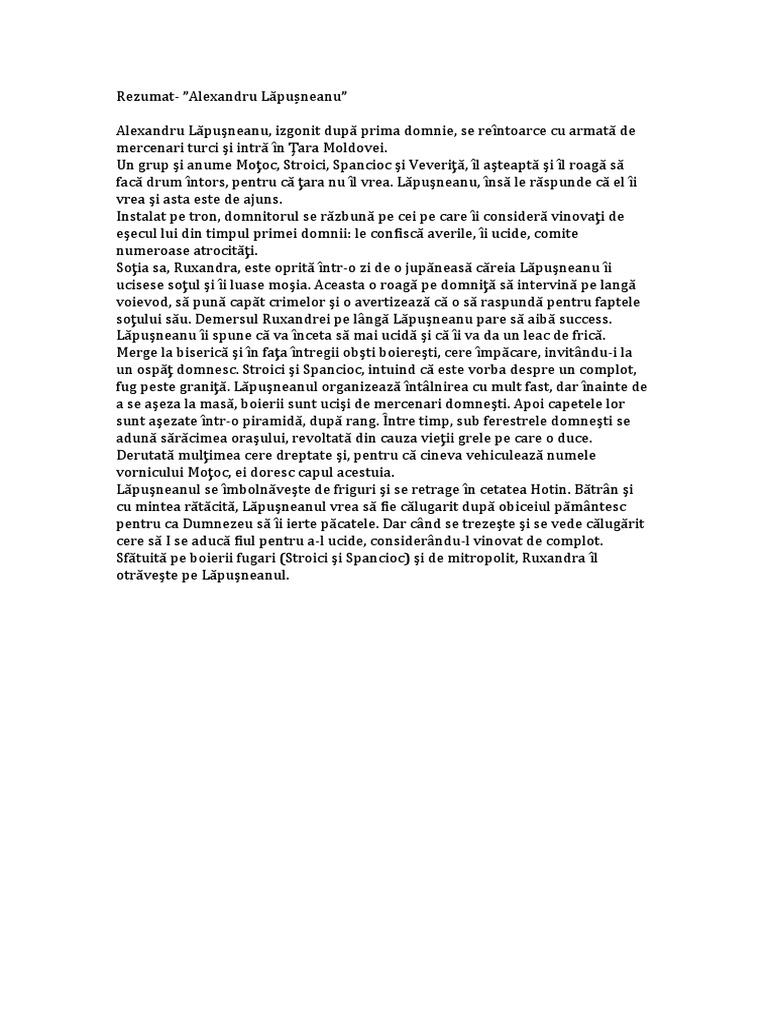 Alexandru Lapusneanu Rezumat Pe Capitole Rezumat Alexandru Lapusneanu | PDF