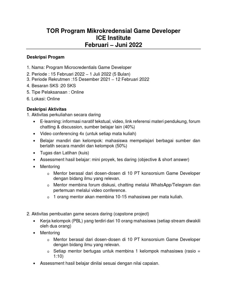 TOR Program Mikrokredensial Game Developer | PDF | Seni | Komputer