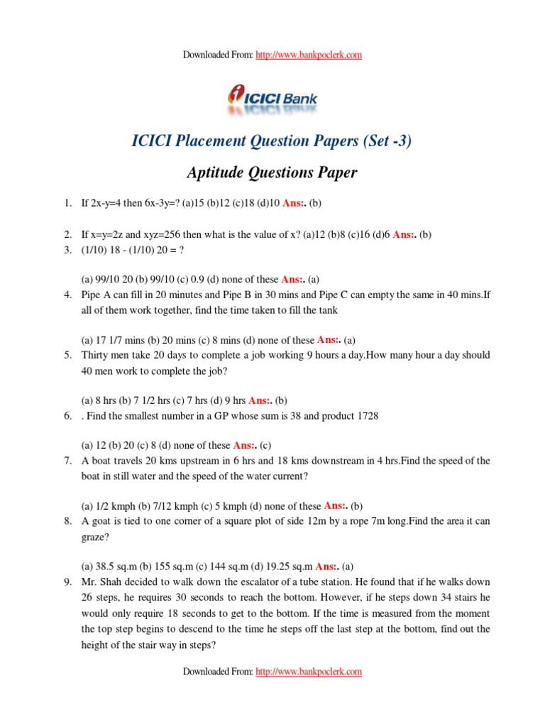 ICICI Bank Aptitude Question Papers Set 3 WWW Bankexamportal com