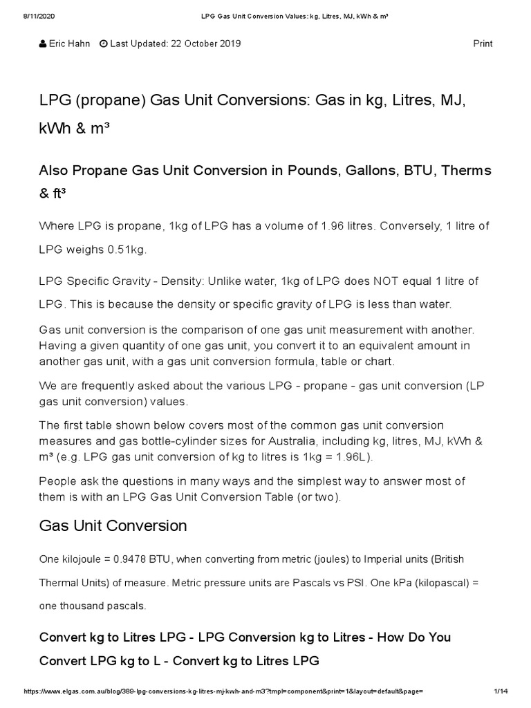 LPG Gas Unit Conversion Values - KG, Litres, MJ, KWH u0026 M | PDF | Liquefied  Petroleum Gas | Propane