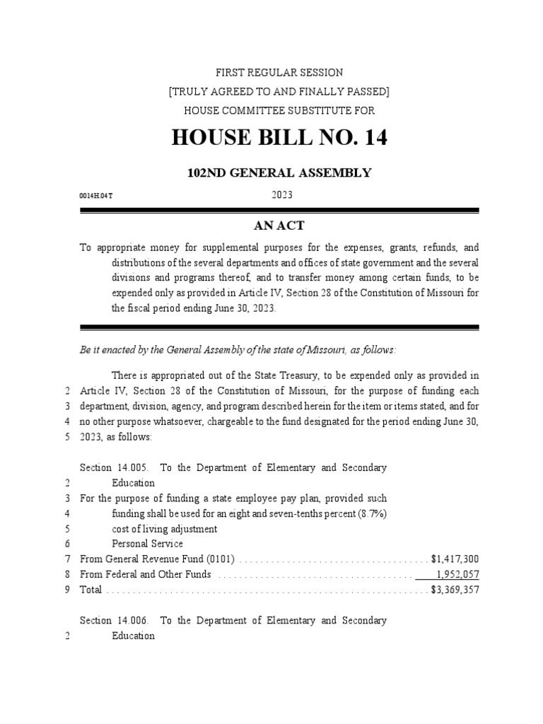House Bill No. 14 102Nd General Assembly PDF Cost Of Living