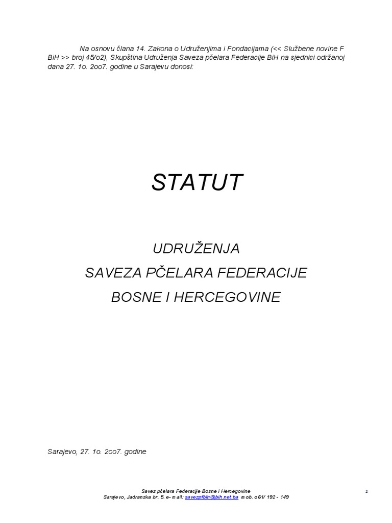 Statut: Udruženja Saveza Pčelara Federacije Bosne I Hercegovine | PDF