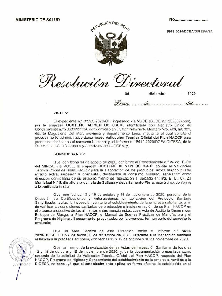 RD N 5979-2020-DCEA-DIGESA-SA Resolucion Haccp | PDF