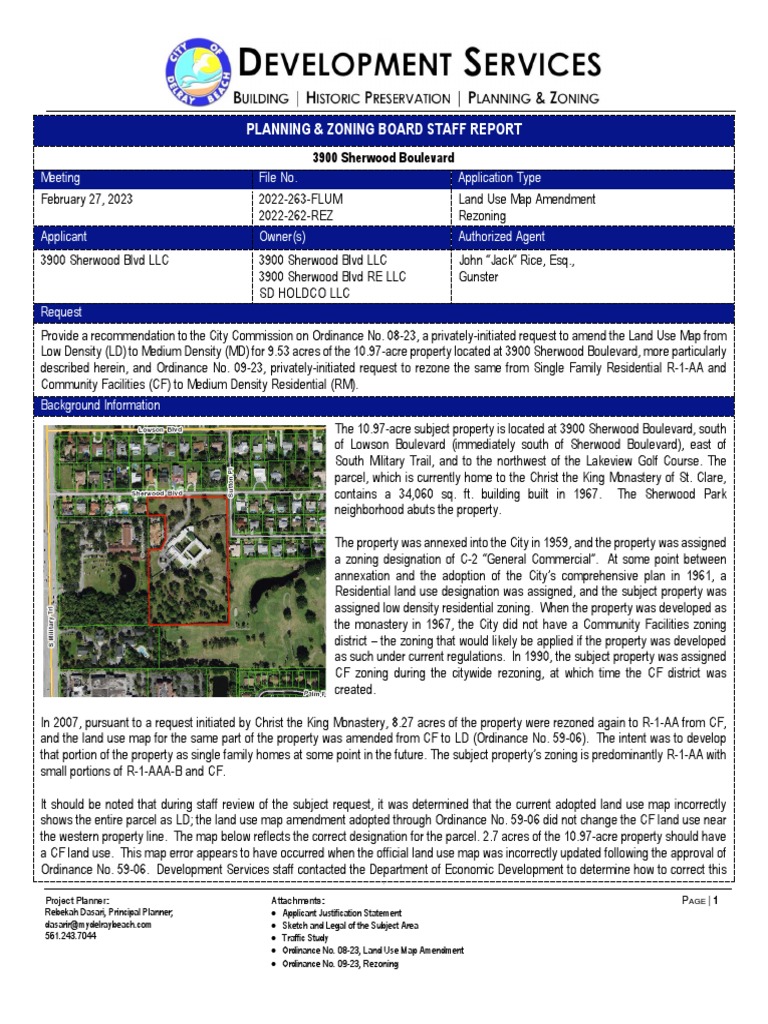 Delray Beach Planning and Zoning Board Report On 3900 Sherwood Blvd