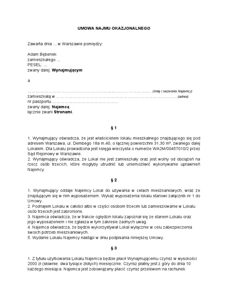 Umowa Najmu Okazjonalnego Szablon PDF